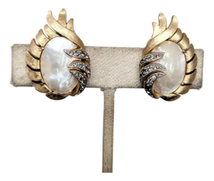 Vintage 1958 Signed Crown Trifari Goldtone Mother-of-Pearl & Rhinestone "Fantasia" Clip Earrings-2 Pieces