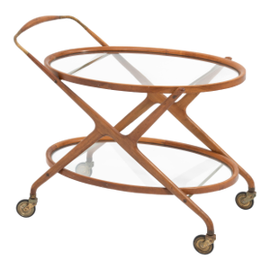 Cesare Lacca Italian Mid-Century Oval Teak and Brass Serving Trolley Bar Cart