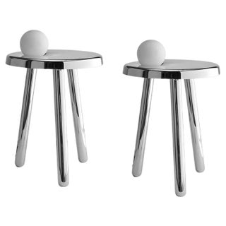 Small Alby Polished White Nickel Tables with Lamps by Mason Editions, Set of 2 For Sale