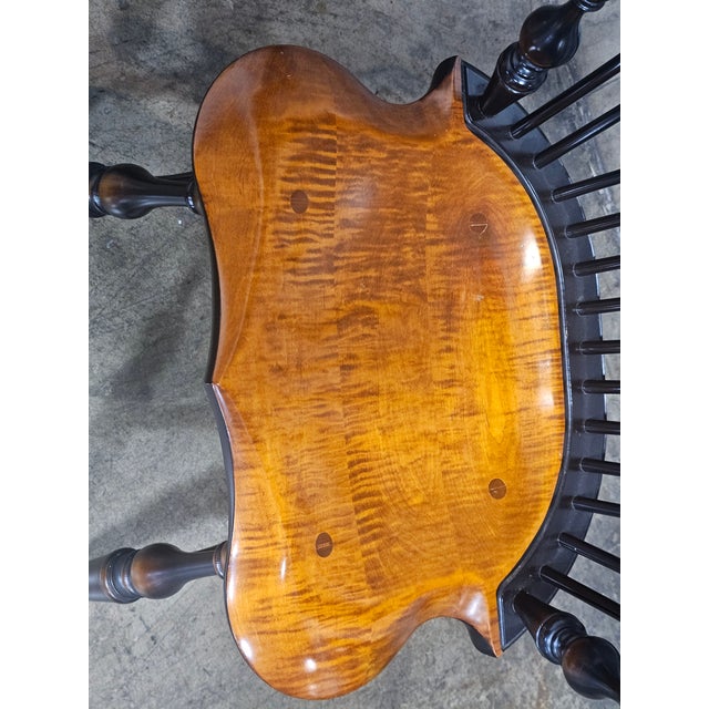 Pair of Late 20th Century Tiger Maple & Black Continuous Windsor Arm Chairs Bench Made For Sale - Image 10 of 11