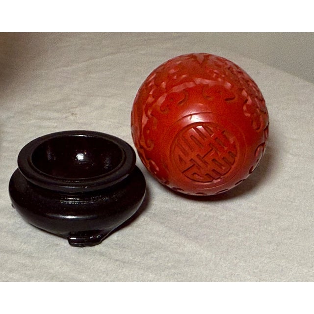 Set of 2, Vintage Handmade Chinese Carved Black Red Lacquer Cinnabar Floral Vase Urn Egg For Sale - Image 9 of 13