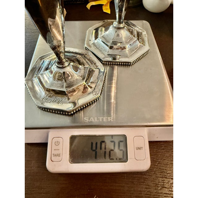 Pair of Unweighted Antique Woodside Sterling Co. Hexagonal Candlesticks .925 For Sale - Image 11 of 11