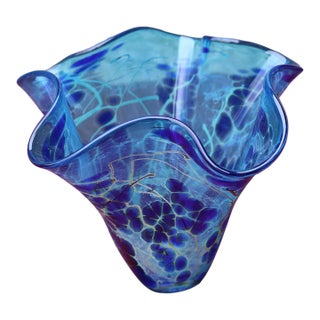 Vintage MCM Paul Bendzunas Studio Hand Blown Art Glass Blue Handkerchief Vase For Sale