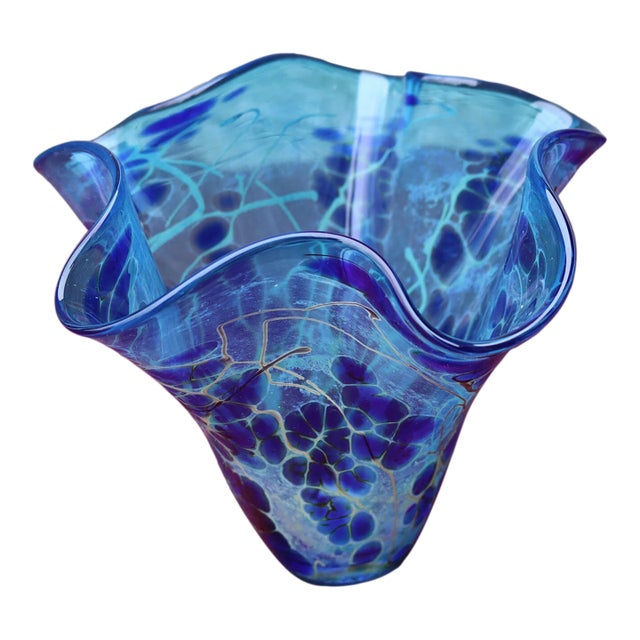 Vintage MCM Paul Bendzunas Studio Hand Blown Art Glass Blue Handkerchief Vase For Sale