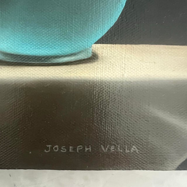 Realism Original Still Life Oil Painting by Joseph Vella Turquoise Vase and Flowers For Sale - Image 3 of 9
