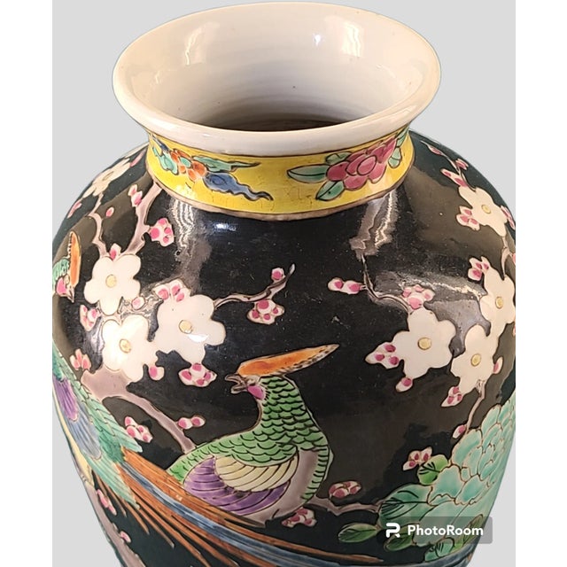 Vintage Asian Hand Painted Colorful Pottery Vase Mystical Good Luck Phoenix Birds Floral. For Sale - Image 9 of 11