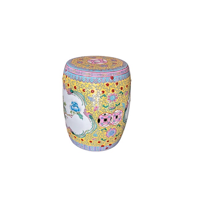 Asian Vintage Oriental Famille Rose Yellow Color Porcelain Round Stool Ottoman For Sale - Image 3 of 6