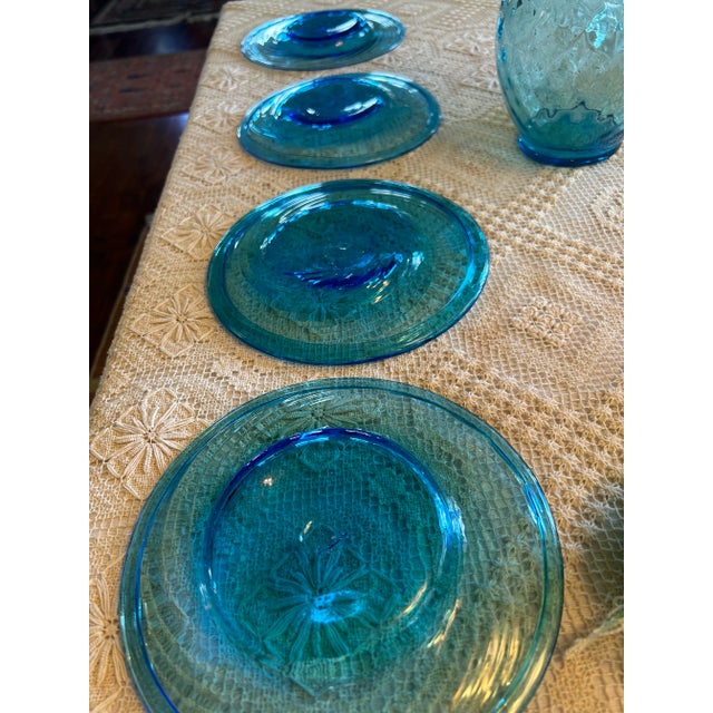 Set of 4 Hand Blown Aquamarine Salad or Dessert Plates French Glass Blower Made For Sale - Image 9 of 10