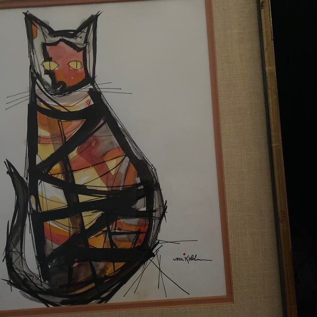 Signed Watercolor and Ink Drawing of a Cat by Maria Von Kohler. For Sale - Image 4 of 12