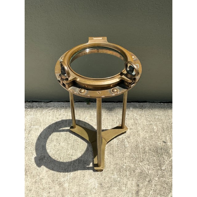 Metal Vintage Brass and Glass Porthole Accent Table For Sale - Image 7 of 13