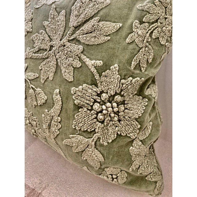 Floral Embroidered Sage Washed Velvet Decorative Pillow Cover For Sale - Image 4 of 8