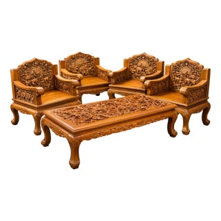 Hand-Carved Teakwood Seating Set with Coffee Table, Indonesia, 1970s, Set of 5 For Sale
