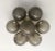 Italian flush mount with seven frosted smoky Murano glass globes mounted on solid brass frame in lacquered polished brass...