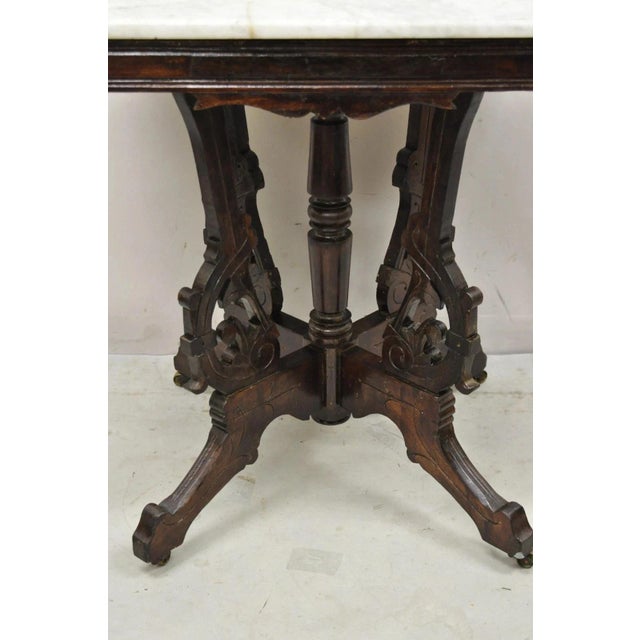 Antique Eastlake Victorian Marble Top Carved Walnut Parlor Accent Side Table For Sale - Image 4 of 10