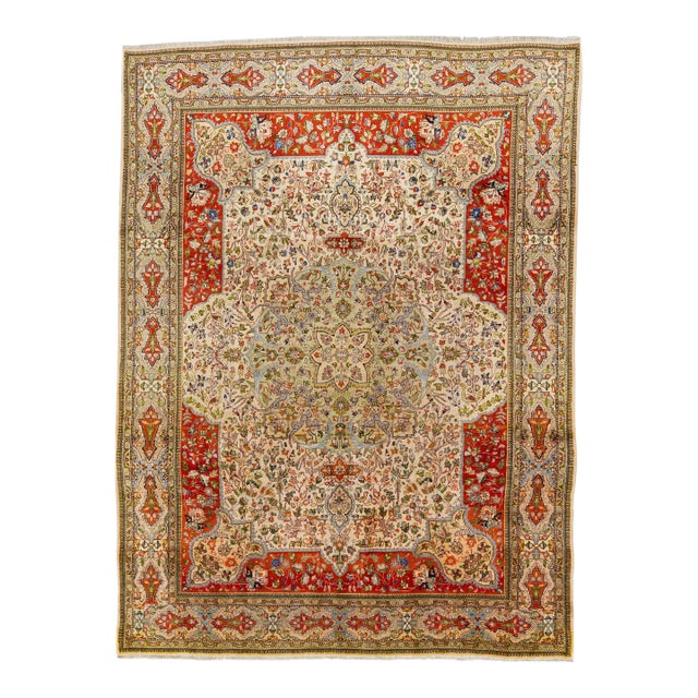 1960s Vintage Persian Tabriz Beige Handmade All-Over Medallion Wool Rug For Sale