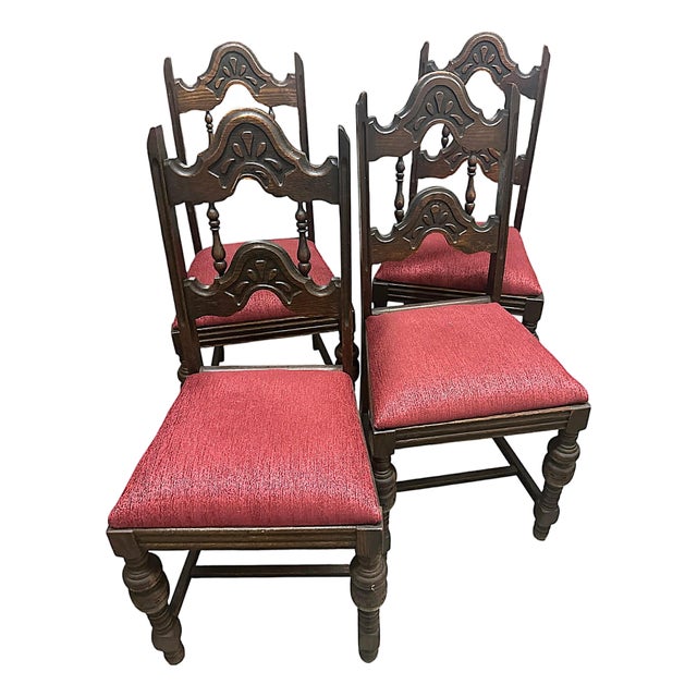 Antique 1920s Spanish Revival Oak Dining Chairs With New Burgundy Seat Upholstery - Set of 4 For Sale