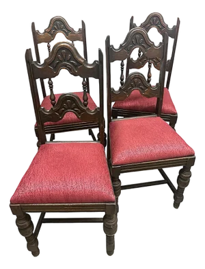 Antique 1920s Spanish Revival Oak Dining Chairs With New Burgundy Seat Upholstery - Set of 4