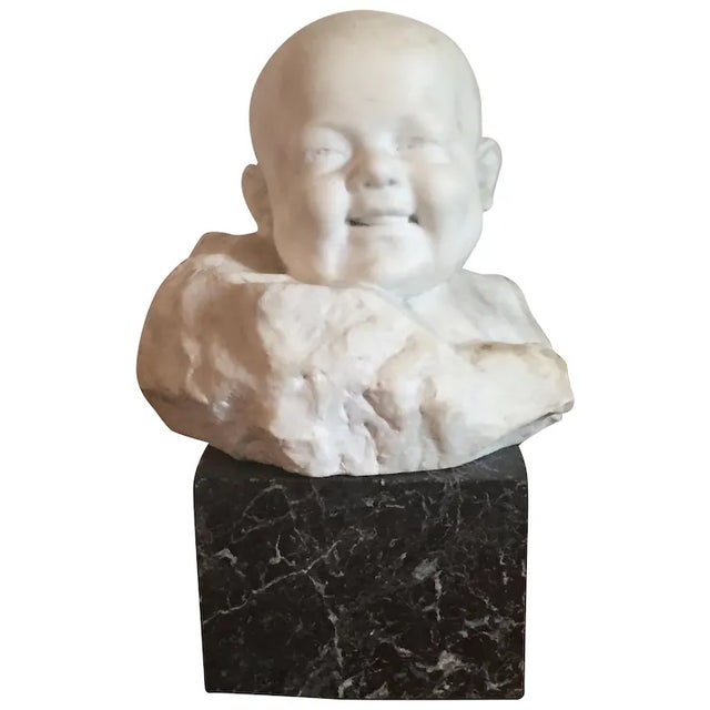 Early 20th Century Italian Carved White Marble Head Bust of an Infant or Baby by Giorgio Rossi 1920 on Rouge Marble Plinth For Sale - Image 10 of 10