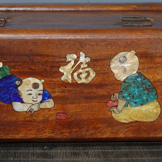 Brown 1980s Hardwood Jewelry Casket, Mother‑of‑Pearl Inlaid Fortune Character & Children Motif Storage Box With Lock Hardware For Sale - Image 8 of 8