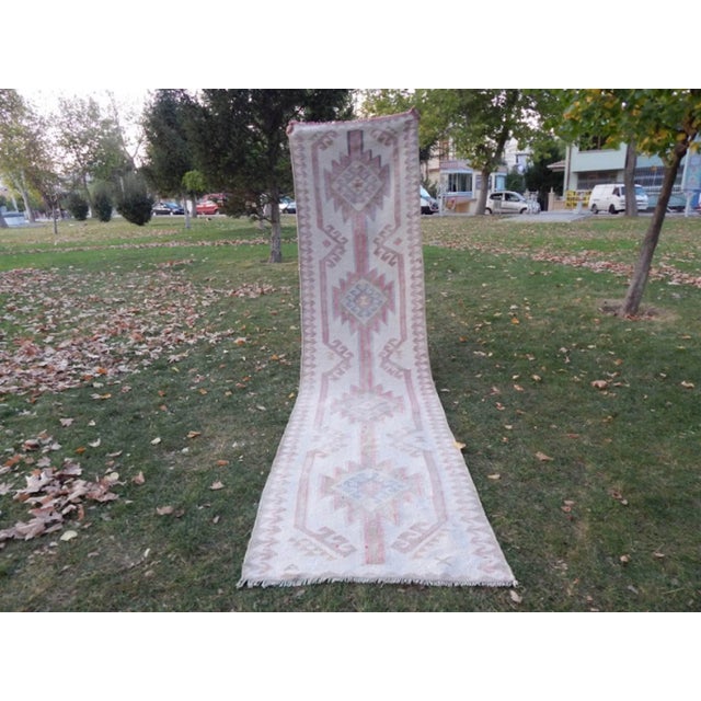 Hand-Knotted Turkish Runner Rug. Natural Undyed Wool 3′3″ × 12′10″ 39.3'' X153.9'' / 100x391cm Hand woven with high...