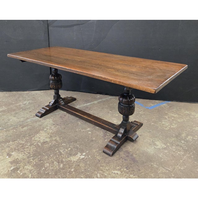 Brown Early 20th Century English Solid Oak Refectory Table With H-Stretcher Base and Bulbous Turned Legs For Sale - Image 8 of 11