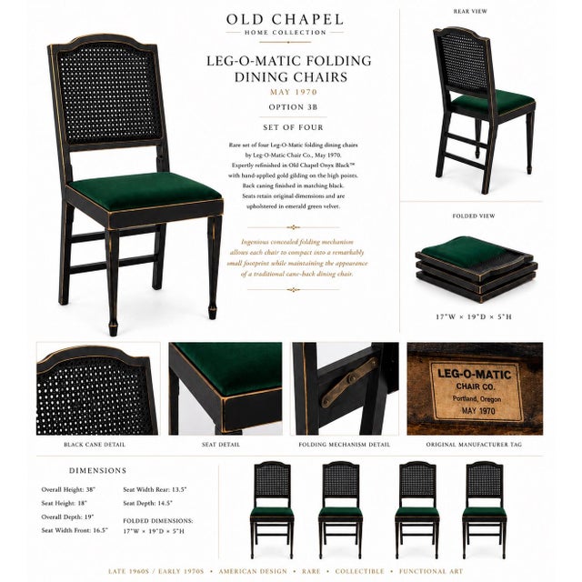 Campaign Mid 20th Century Set of Four Leg-O-Matic Collapsible Cane Back Dining Chairs in Onyx Black & Emerald Velvet For Sale - Image 3 of 4