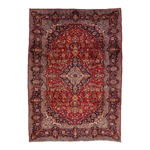 Handmade Room Size Vintage Kashan Wool Rug in Red