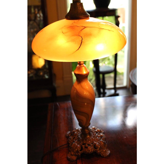 Vintage Art Nouveau Blown Glass Table Lamp W/ Brass Base, Caramel Slag, Houze For Sale - Image 4 of 15
