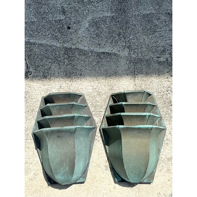 Metal Vintage Stacked Patinated Copper Sconces - A Pair For Sale - Image 7 of 12