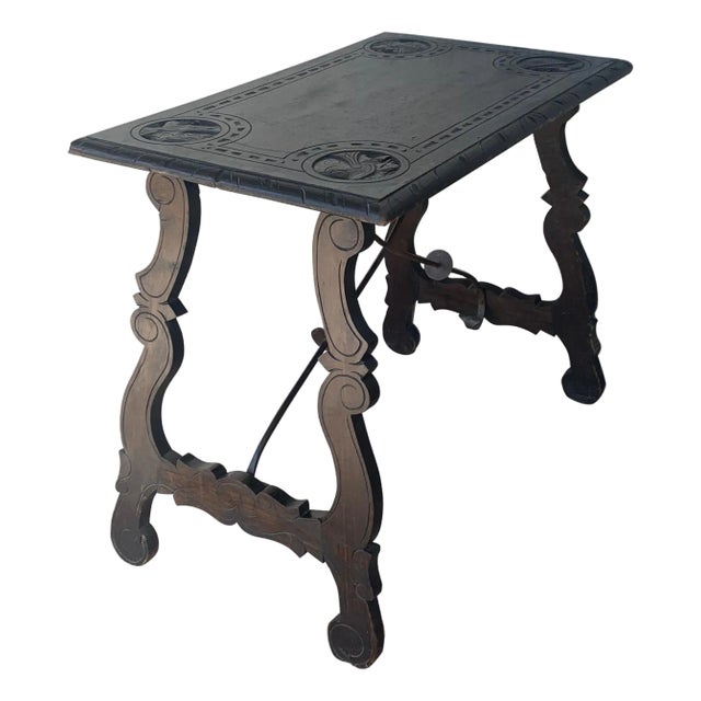 19th Century Spanish Baroque Side Table with Carved Top & Legs & Iron Stretchers For Sale