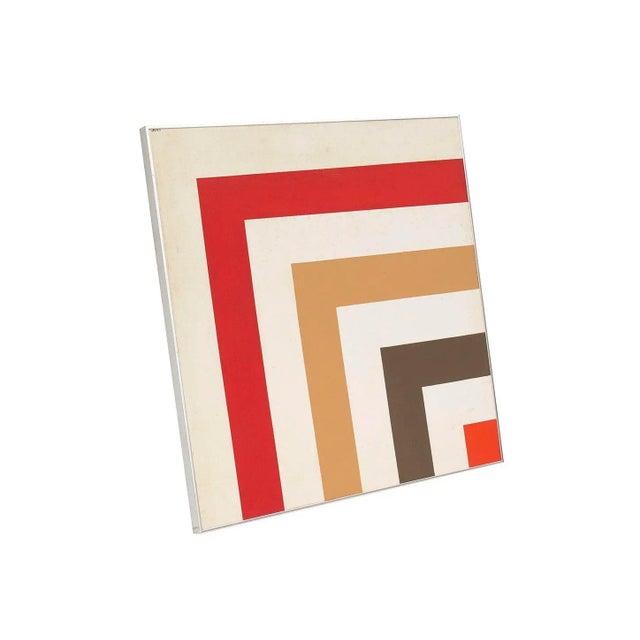 USA, 1980 Vintage hard edge abstract acrylic painting signed J.V. '80. Fun geometric style in red, caramel, and dark brown...