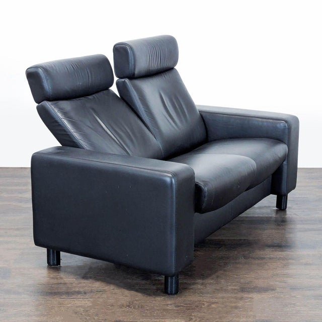 Stressless Arion Black Leather Loveseat With Adjustable Headrests For Sale - Image 4 of 10