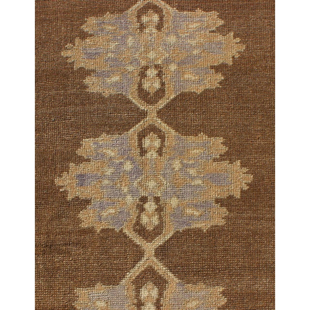 Mid 20th Century Turkish Oushak Runner With Soft Blue and Cream Accents on a Warm Mocha Field 3'3 X 8'11 For Sale - Image 5 of 7