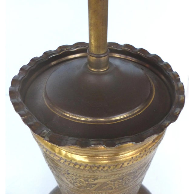 Incised Brass Table Lamp With Wood Base For Sale In Miami - Image 6 of 10