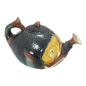 Antique Aesthetic Victorian Era Whimsical Majolica Figurative Fish Swallowing a Fish Teapot