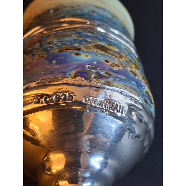 Metal 1990s Handcrafted Sterling Silver & Iridescent Art Glass Kiddush Cup - "Borei P'ri Hagafen" Blessing - Judaica Gift For Sale - Image 7 of 18