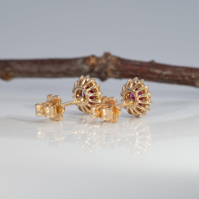 Red Aa Burma Ruby Earrings With Earth-Mined Diamond Accents in Solid 14k Gold, 5mm For Sale - Image 8 of 8