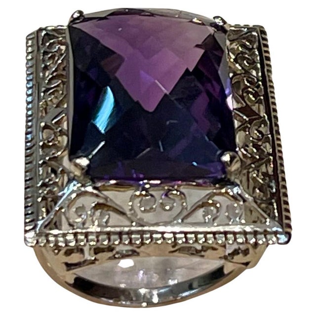 13.5 Carat Checker Board Amethyst Filigree Cocktail Ring in 14 Karat Yellow Gold For Sale - Image 4 of 18