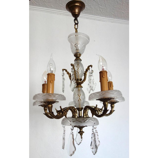 Antique French Brass and Glass Five-Light Chandelier, 1930s For Sale - Image 11 of 14
