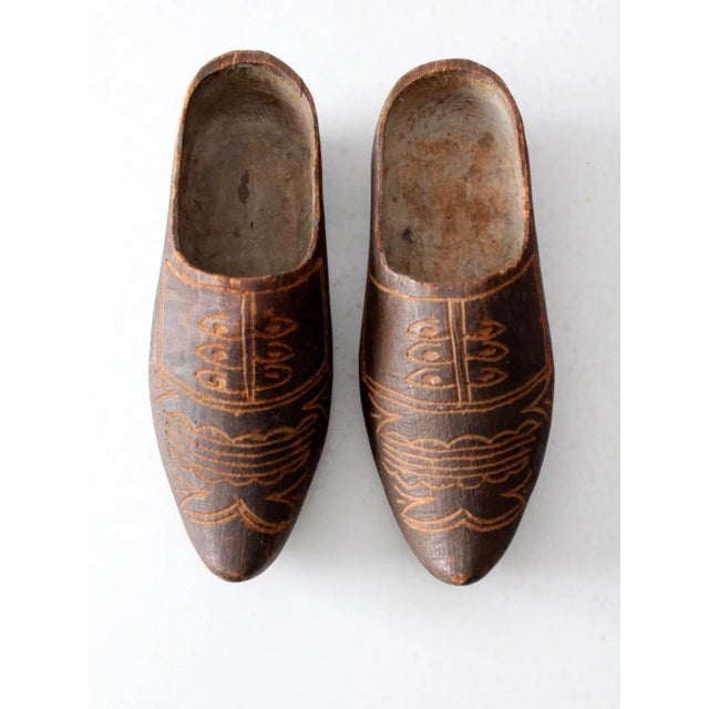 French Country Antique Carved Wooden Clogs Pair For Sale - Image 3 of 9