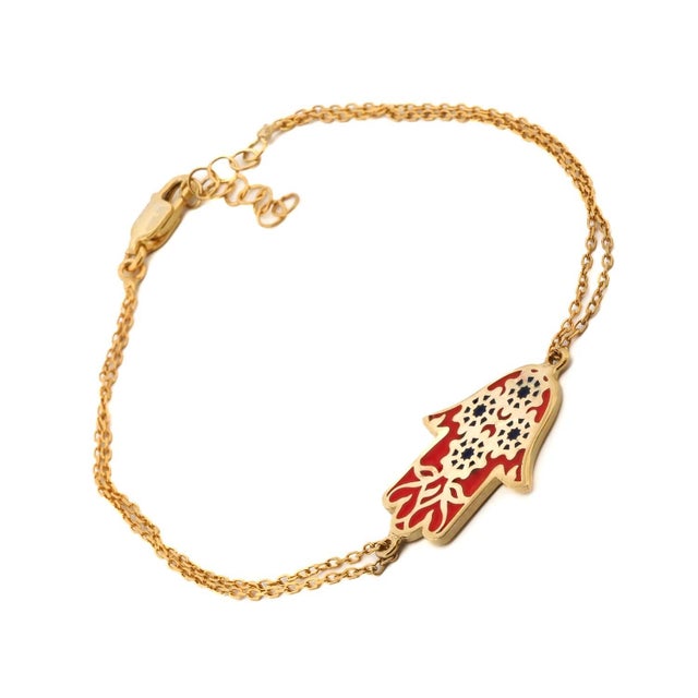 Red Enamel Floral Hamsa Hand Gold Vermeil Chain Bracelet For Sale - Image 4 of 8