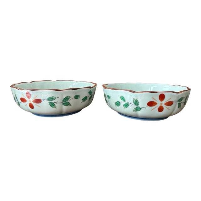 Vintage Celadon 6” Bowls Hand Painted - A Pair For Sale