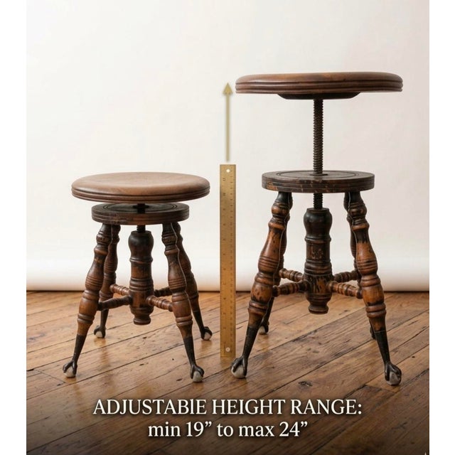 A handsome late Victorian adjustable piano stool dating from approximately 1880-1900, featuring a beautifully turned...