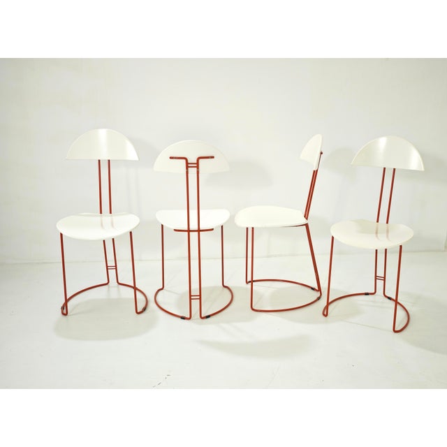 Mid-Century Modern Italian Red and White Metal and Wood Chairs, 1980s, Set of 4 For Sale - Image 10 of 16
