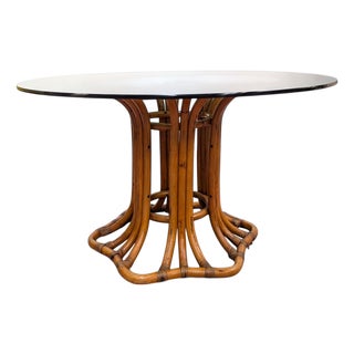 Round Wicker Table with Smoked Glass Top, 20th Century For Sale