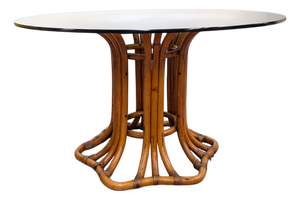 Round Wicker Table with Smoked Glass Top, 20th Century