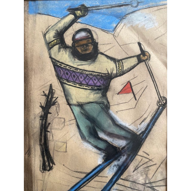 A rare original 1927 pastel drawing of "The Skier" by Eveline W. Syme — modern figurative sport art, framed with wood...