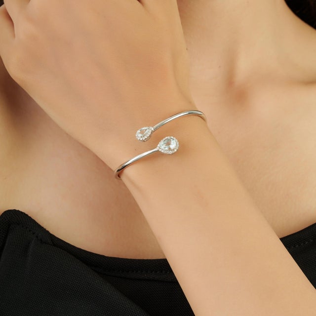 Modernist Pear-Cut Aquamarine & Diamond Toi Et Moi Open Cuff Bangle, March Birthstone Gift For Sale - Image 4 of 12