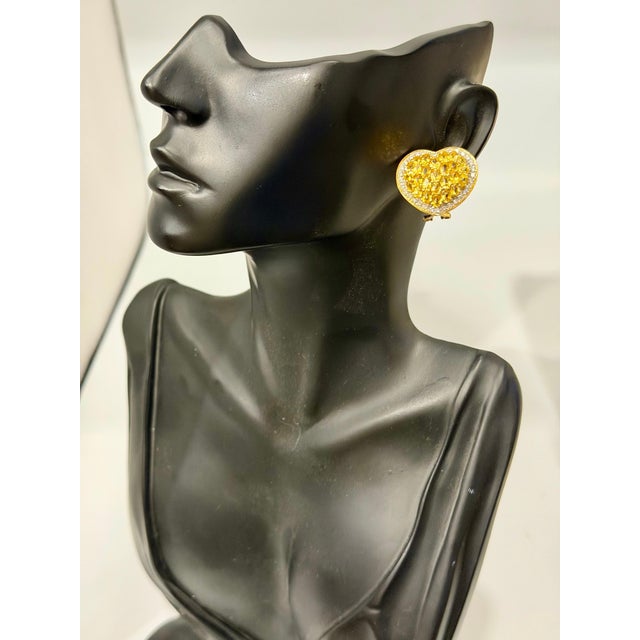 Yellow 12 Ct Natural Ceylon Yellow Sapphire & 2 Ct Diamond Stud Heart Earrings 18 KYG For Sale - Image 8 of 18