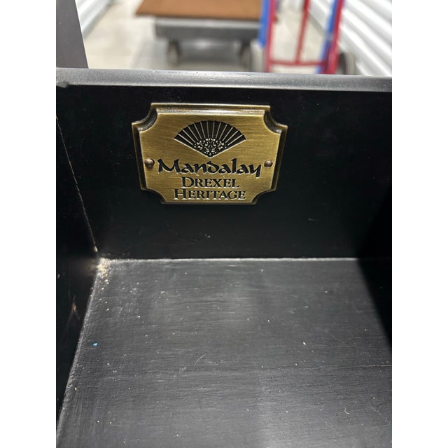 High Quality American Made Vintage Chinoiserie Decorated Writing Desk with Gold Colored Accent Latticework Doors Opening...